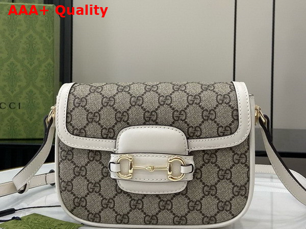 Gucci Horsebit 1955 Soft Mini Shoulder Bag in Beige and Dark Brown New GG Monogram Coated Fabric and White Leather Trim 815205 Replica