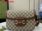 Gucci Horsebit 1955 Soft Small Shoulder Bag in Beige and Dark Brown New GG Monogram Coated Fabric and Brown Leather Trim 815178 Replica