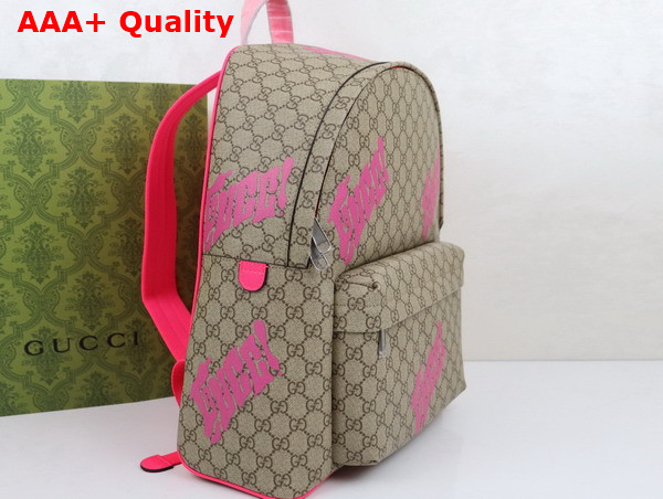Gucci Medium Backpack with Print Beige and Dark Brown GG Monogram Coated Fabric Bright Pink Leather Trim 834466 Replica