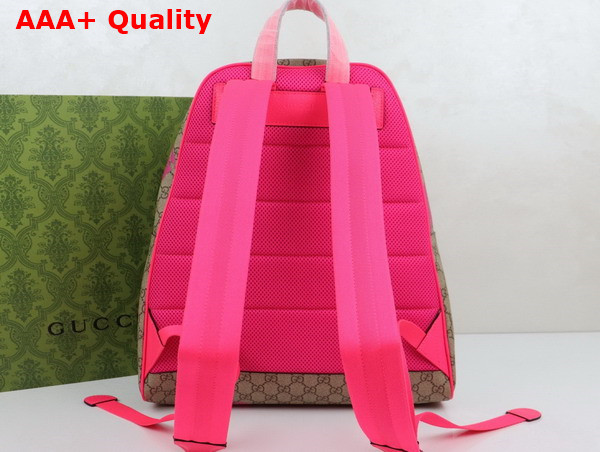 Gucci Medium Backpack with Print Beige and Dark Brown GG Monogram Coated Fabric Bright Pink Leather Trim 834466 Replica