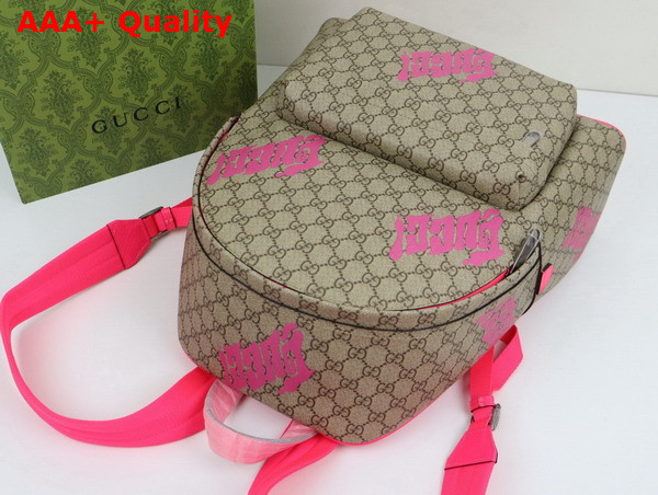 Gucci Medium Backpack with Print Beige and Dark Brown GG Monogram Coated Fabric Bright Pink Leather Trim 834466 Replica
