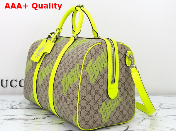 Gucci Medium Duffle Bag with Print Beige and Dark Brown GG Monogram Coated Fabric Acid Green Leather Trim 834962 Replica
