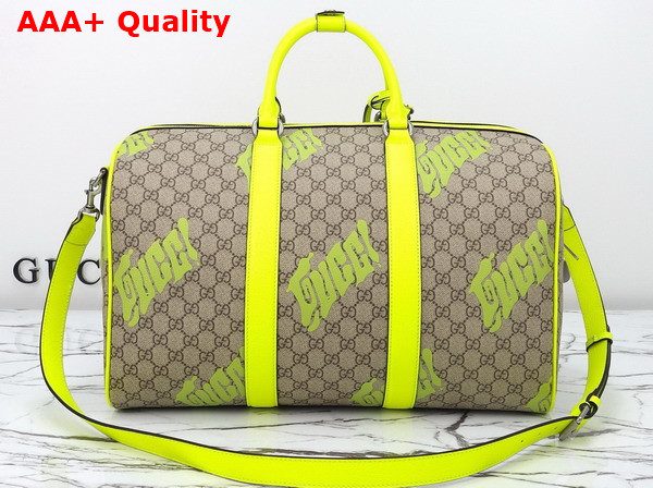 Gucci Medium Duffle Bag with Print Beige and Dark Brown GG Monogram Coated Fabric Acid Green Leather Trim 834962 Replica