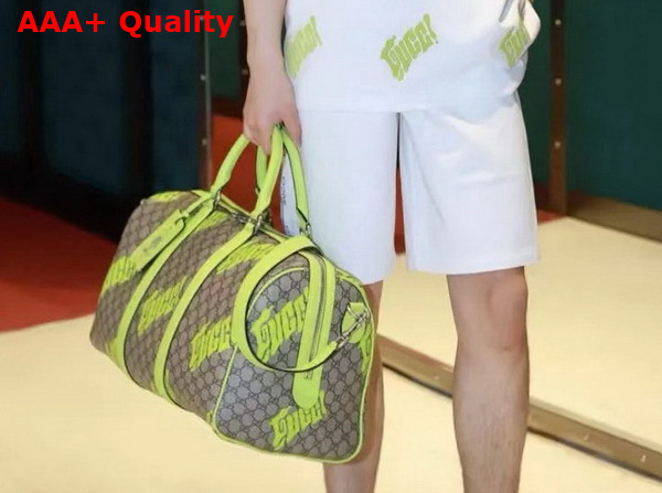 Gucci Medium Duffle Bag with Print Beige and Dark Brown GG Monogram Coated Fabric Acid Green Leather Trim 834962 Replica