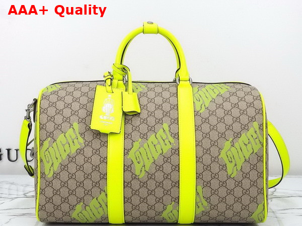 Gucci Medium Duffle Bag with Print Beige and Dark Brown GG Monogram Coated Fabric Acid Green Leather Trim 834962 Replica