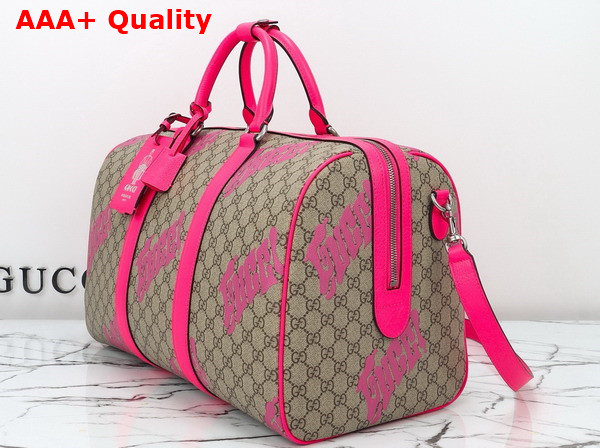 Gucci Medium Duffle Bag with Print Beige and Dark Brown GG Monogram Coated Fabric Bright Pink Leather Trim 834962 Replica