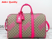 Gucci Medium Duffle Bag with Print Beige and Dark Brown GG Monogram Coated Fabric Bright Pink Leather Trim 834962 Replica