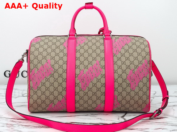 Gucci Medium Duffle Bag with Print Beige and Dark Brown GG Monogram Coated Fabric Bright Pink Leather Trim 834962 Replica