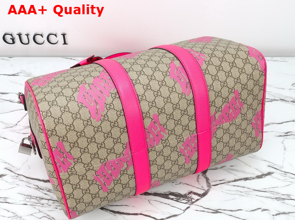 Gucci Medium Duffle Bag with Print Beige and Dark Brown GG Monogram Coated Fabric Bright Pink Leather Trim 834962 Replica