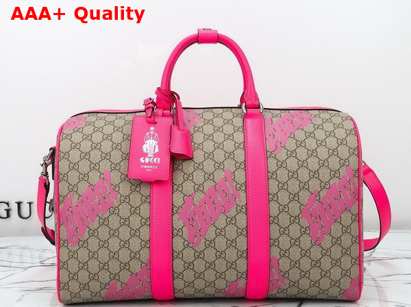 Gucci Medium Duffle Bag with Print Beige and Dark Brown GG Monogram Coated Fabric Bright Pink Leather Trim 834962 Replica
