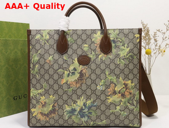Gucci Medium Tote with Carnation Print Beige and Ebony GG Supreme Canvas 674148 Replica