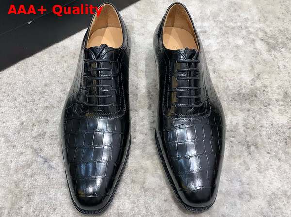 Gucci Mens Lace Up Shoes in Black Crocodile Embossed Calfskin Replica