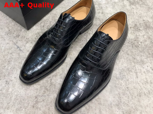 Gucci Mens Lace Up Shoes in Black Crocodile Embossed Calfskin Replica