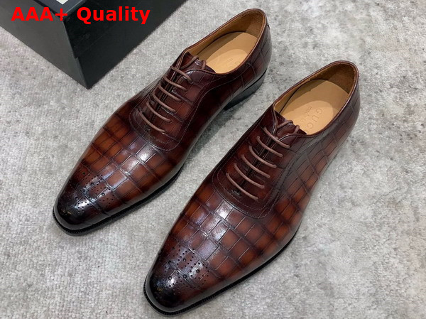 Gucci Mens Lace Up Shoes in Brown Perforated Crocodile Embossed Calfskin Replica