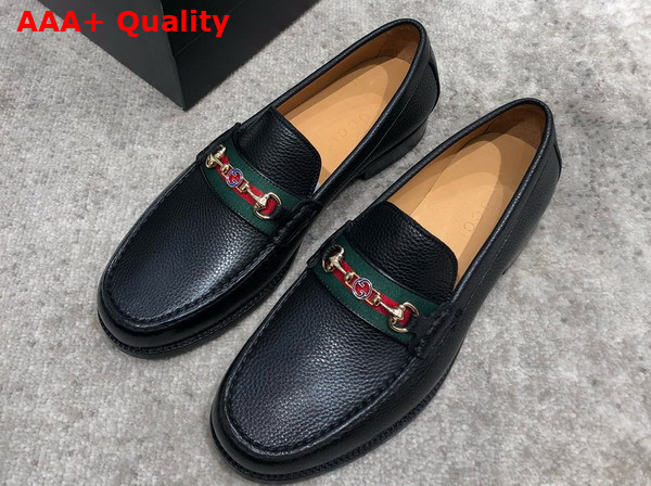 Gucci Mens Loafer in Black Grained Leather with Web Replica