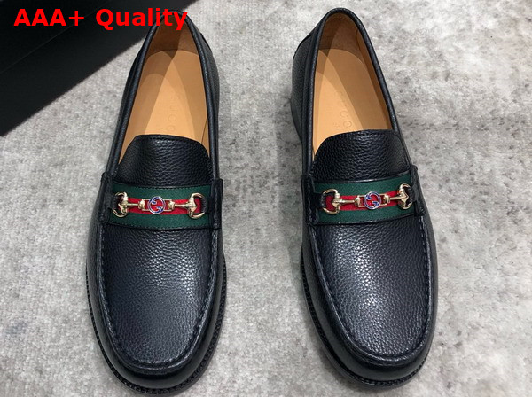 Gucci Mens Loafer in Black Grained Leather with Web Replica