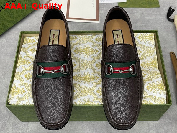 Gucci Mens Loafer with Web in Dark Brown Grain Leather Leather Replica