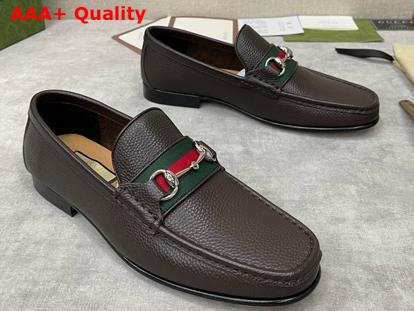 Gucci Mens Loafer with Web in Dark Brown Grain Leather Leather Replica