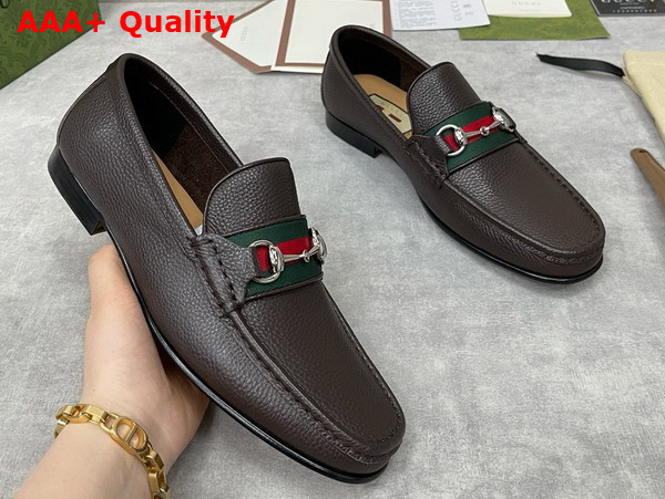 Gucci Mens Loafer with Web in Dark Brown Grain Leather Leather Replica