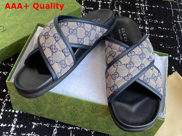 Gucci Mens Slide Sandal in Beige and Blue GG Canvas 834940 Replica