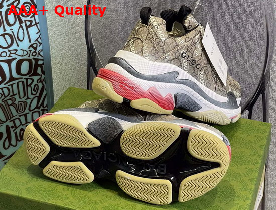 Gucci Mens The Hacker Project Triple S Sneaker Beige and Ebony GG Supreme Canvas with Balenciaga Print 681066 Replica