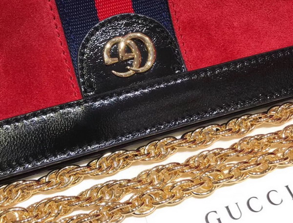 Gucci Ophidia GG Medium Shoulder Bag in Hibiscus Red Suede with Inlaid Web Stripe Detail