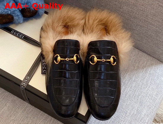 Gucci Princetown Leather Slipper in Black Crocodile Embossed Calfskin with Lamb Wool Lining Replica