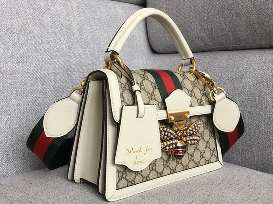 Gucci Queen Margaret Small GG Top Handle Bag Beige Ebony GG Supreme Canvas with White Leather Trim 476541