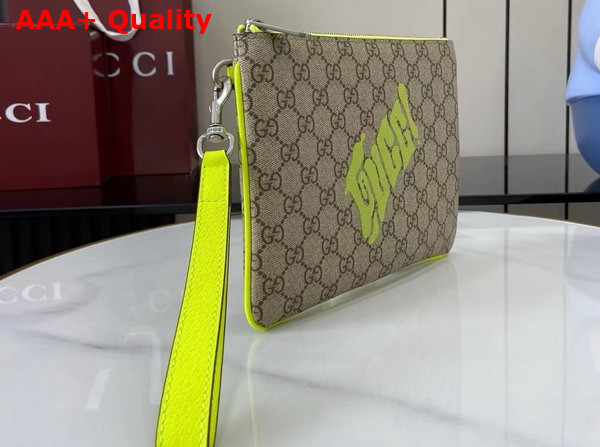 Gucci Small Pouch with Print Beige and Dark Brown GG Monogram Coated Fabric with Acid Green Leather Trim 838753 Replica