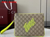 Gucci Small Pouch with Print Beige and Dark Brown GG Monogram Coated Fabric with Acid Green Leather Trim 838753 Replica