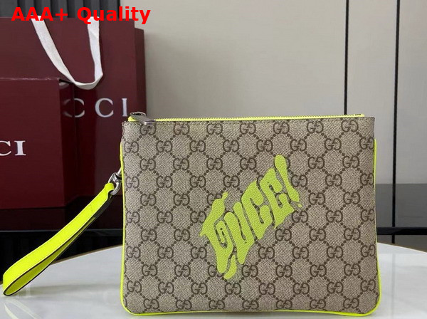 Gucci Small Pouch with Print Beige and Dark Brown GG Monogram Coated Fabric with Acid Green Leather Trim 838753 Replica