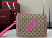 Gucci Small Pouch with Print Beige and Dark Brown GG Monogram Coated Fabric with Bright Pink Leather Trim 838753 Replica