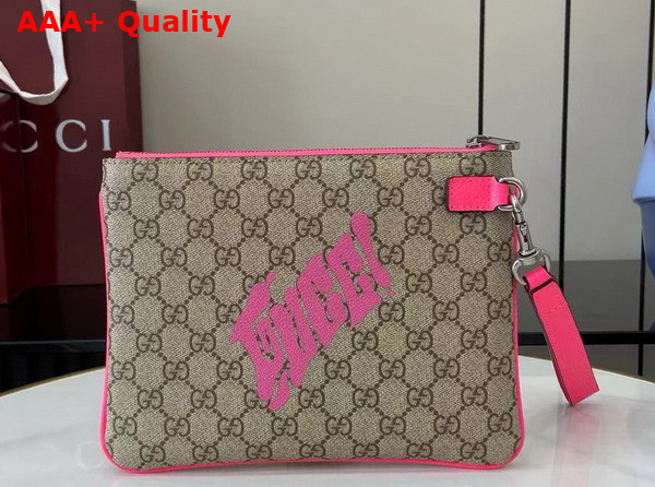 Gucci Small Pouch with Print Beige and Dark Brown GG Monogram Coated Fabric with Bright Pink Leather Trim 838753 Replica