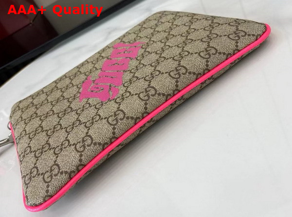 Gucci Small Pouch with Print Beige and Dark Brown GG Monogram Coated Fabric with Bright Pink Leather Trim 838753 Replica