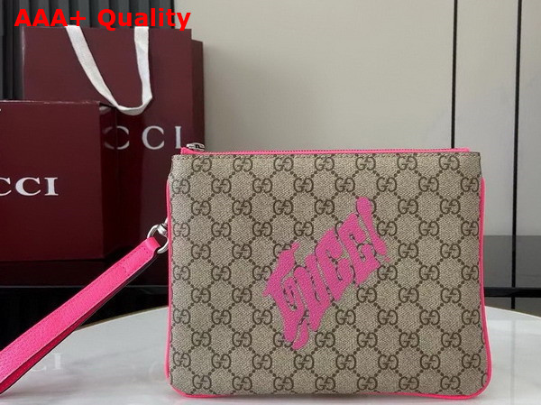 Gucci Small Pouch with Print Beige and Dark Brown GG Monogram Coated Fabric with Bright Pink Leather Trim 838753 Replica