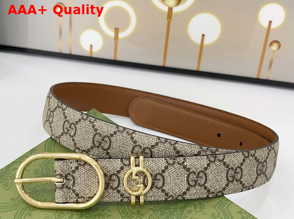 Gucci Women Belt with Oval Buckle in Beige and Dark Brown New GG Monogram Coated Fabric 813004 Replica