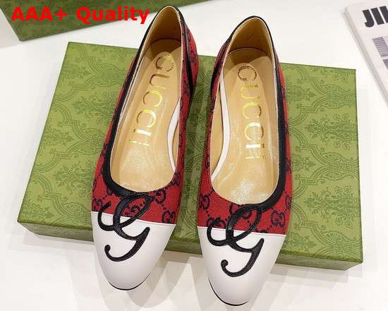Gucci Womens Ballet Flat with G Applique Red GG Canvas and White Leather 658904 Replica