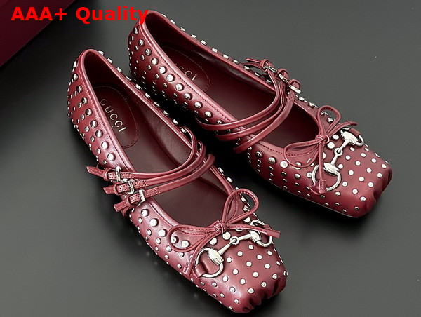 Gucci Womens Gucci Horsebit Ballet Flat in Gucci Rosso Ancora Red Leather with Allover Studs Detail 821218 Replica