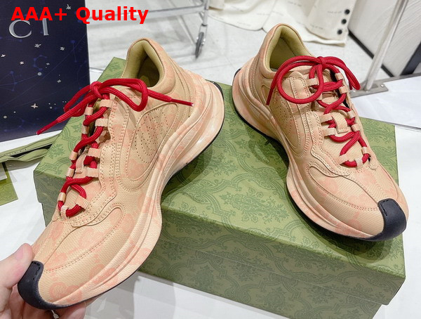 Gucci Womens Gucci Run Sneaker in Beige and Hibiscus Red Leather with GG Water Transfer Print 722619 Replica