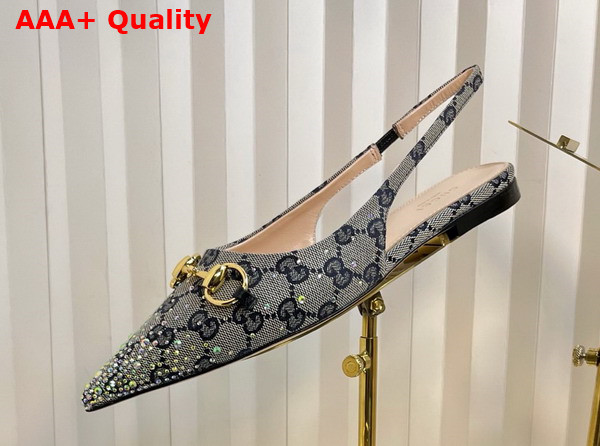 Gucci Womens Horsebit Pump in Beige and Blue GG Canvas with Multi Dimension Crystals Details 812176 Replica
