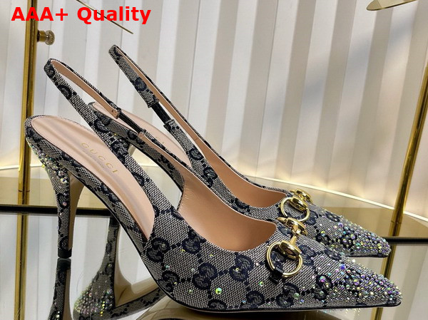Gucci Womens Horsebit Pump in Beige and Blue GG Canvas with Multi Dimension Crystals Details 812176 Replica