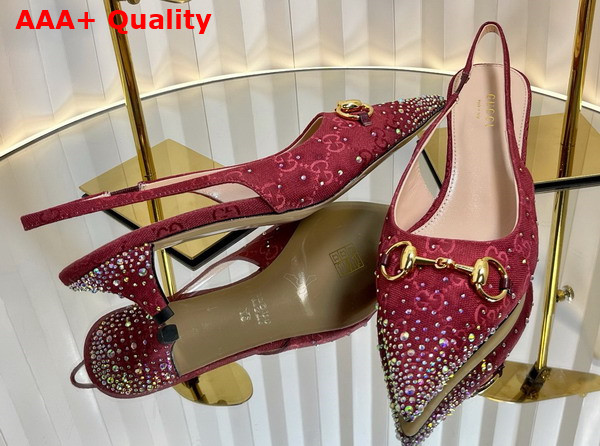 Gucci Womens Horsebit Pump in Rosso Ancora Red GG Canvas with Multi Dimension Crystals Details 812176 Replica