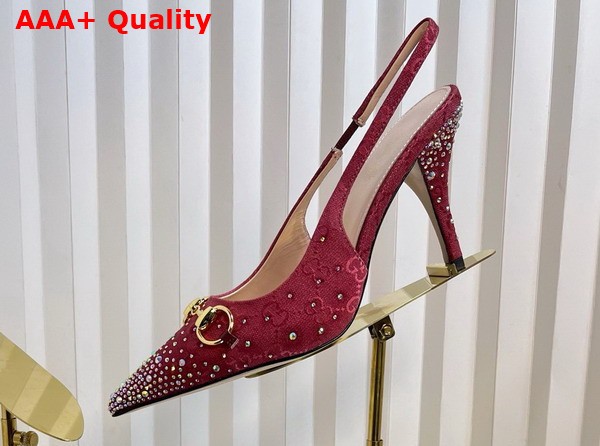 Gucci Womens Horsebit Pump in Rosso Ancora Red GG Canvas with Multi Dimension Crystals Details 812176 Replica