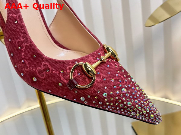 Gucci Womens Horsebit Pump in Rosso Ancora Red GG Canvas with Multi Dimension Crystals Details 812176 Replica