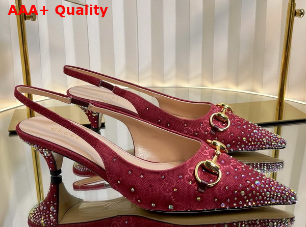 Gucci Womens Horsebit Pump in Rosso Ancora Red GG Canvas with Multi Dimension Crystals Details 812176 Replica