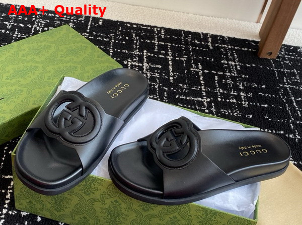 Gucci Womens Interlocking G Slide Sandal in Black Leather 816334 Replica