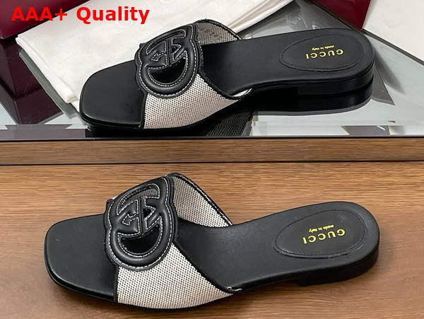 Gucci Womens Interlocking G Slide Sandal in Black Leather and Canvas Trim 835723 Replica