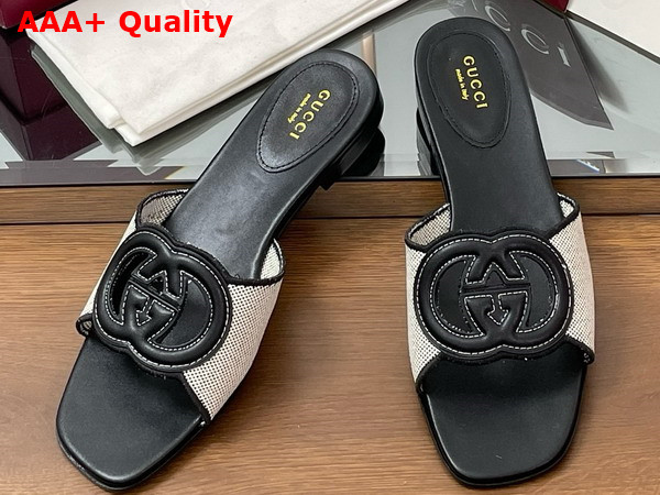 Gucci Womens Interlocking G Slide Sandal in Black Leather and Canvas Trim 835723 Replica