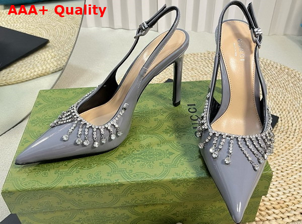 Gucci Womens Pump with Crystal Chain Light Grey Patent Leather 805306 Replica