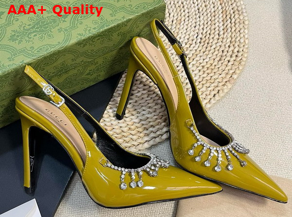 Gucci Womens Pump with Crystal Chain Olive Green Patent Leather 805306 Replica